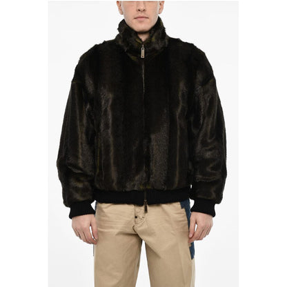 Vegan Fur Bomber With Faux-Leather Logo