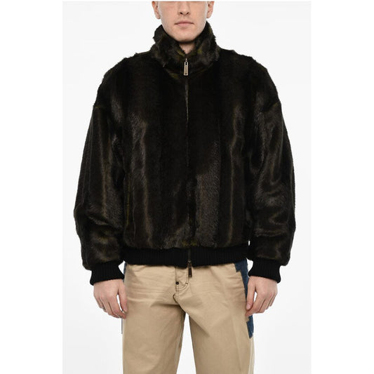 Vegan Fur Bomber With Faux-Leather Logo
