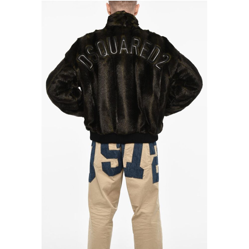Vegan Fur Bomber With Faux-Leather Logo
