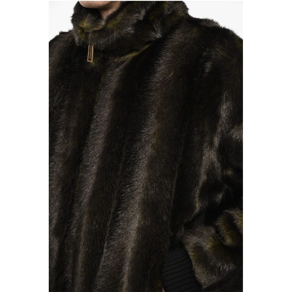 Vegan Fur Bomber With Faux-Leather Logo