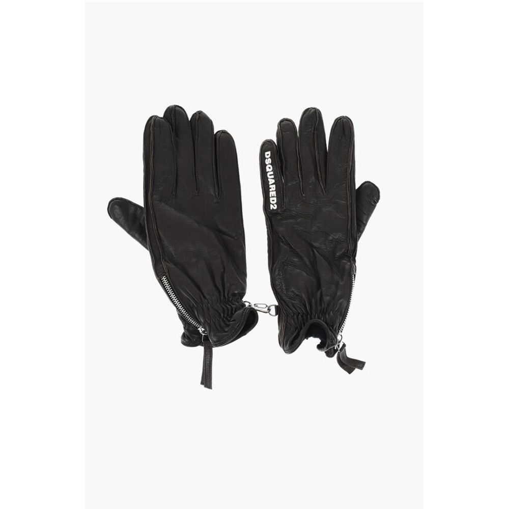 Leather Gloves With Half Zip and Embossed Logo