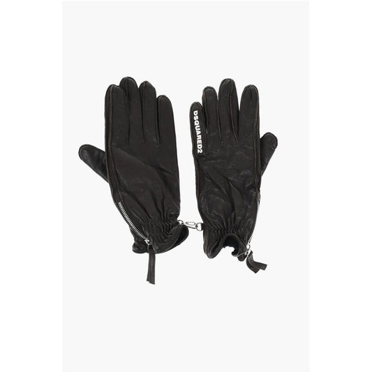 Leather Gloves With Half Zip and Embossed Logo