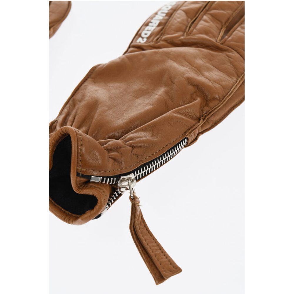 Leather Gloves With Half Zip and Embossed Logo
