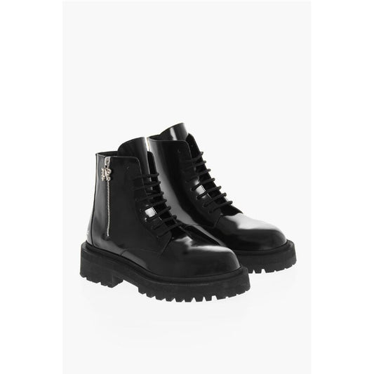 Brushed Leather Combat Boots With Logo Print