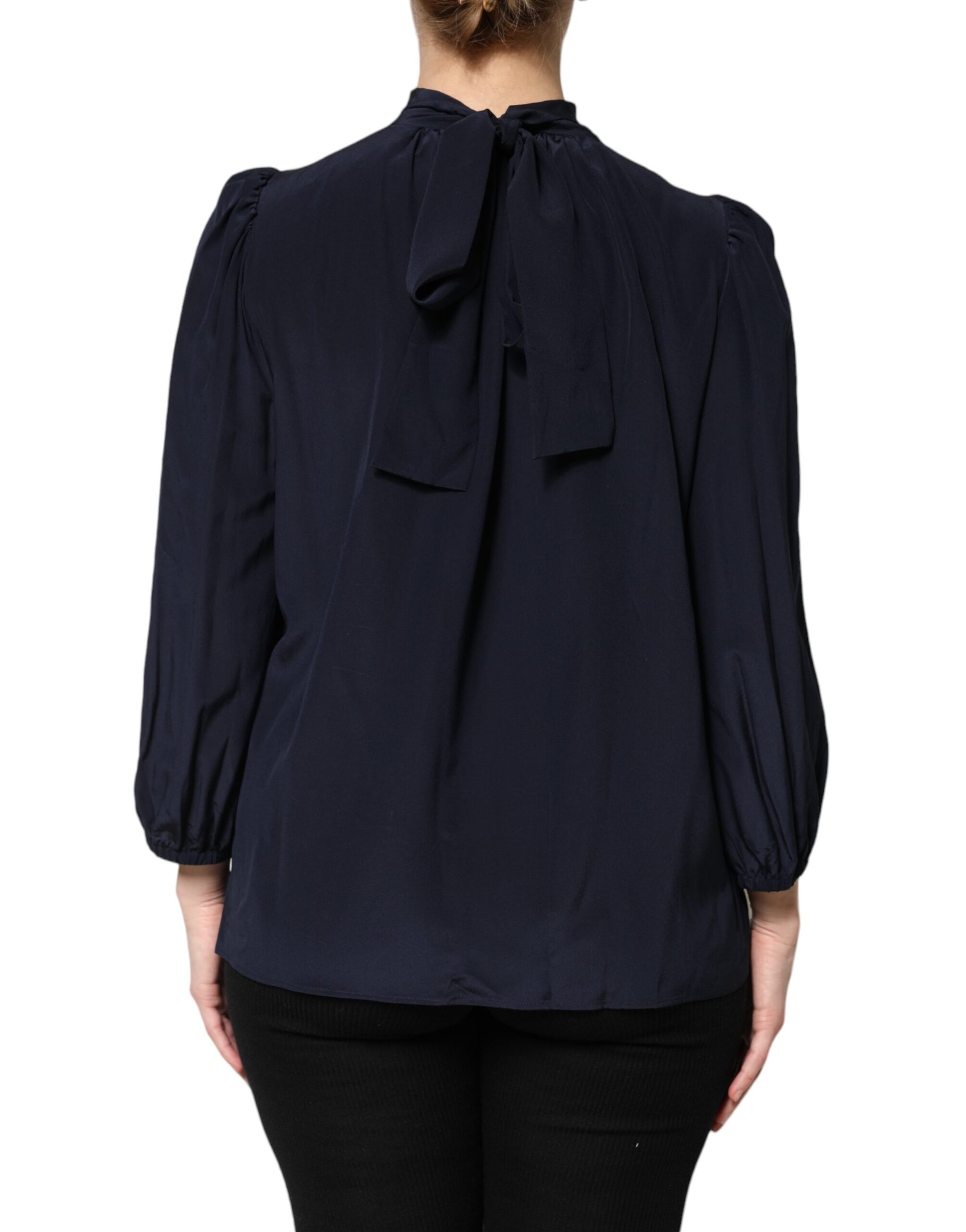 Blue Silk Mock Neck Long Sleeves Blouse Top