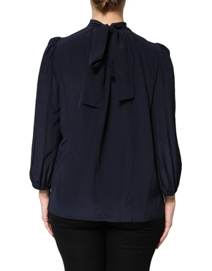 Blue Silk Mock Neck Long Sleeves Blouse Top