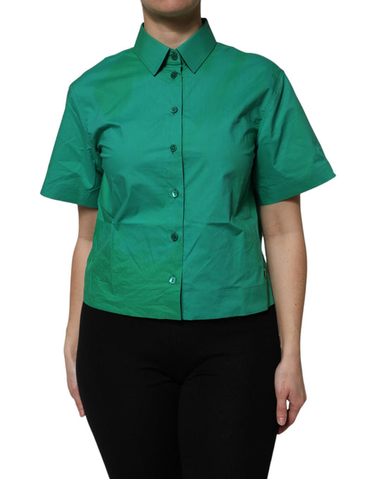 Green Collared Cotton Short Sleeves Blouse Top