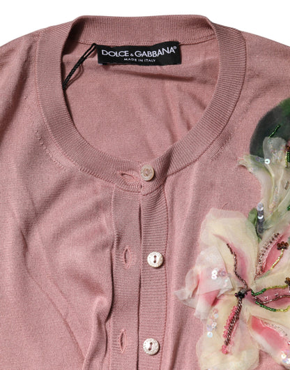 Pink Silk Knit Button Down Cardigan Sweater