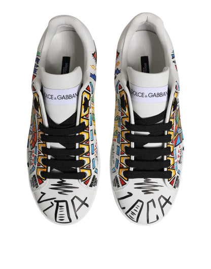 White Graffiti Leather Low Top Sneakers Shoes
