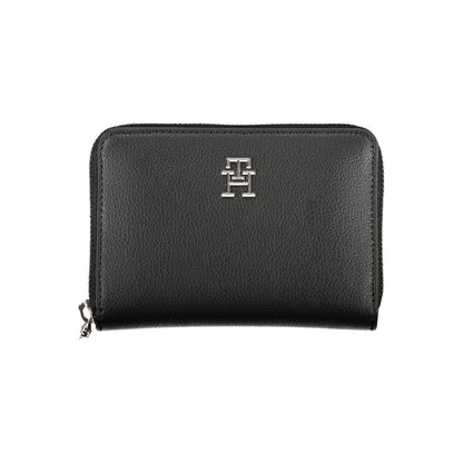 Elegante cartera negra con cremallera y múltiples compartimentos