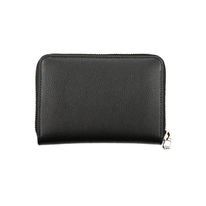Elegante cartera negra con cremallera y múltiples compartimentos