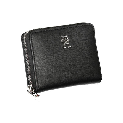 Elegante cartera negra con cremallera y múltiples compartimentos