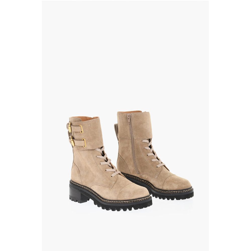 Suede Combat Boots With Buckles
