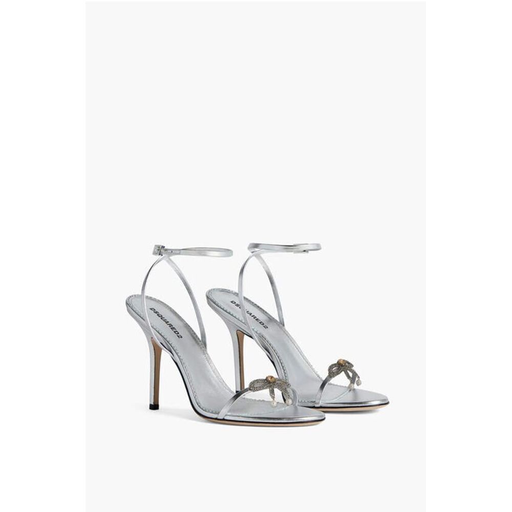 Metallic Effect Leather Sandals With Strap Heel 12 cm