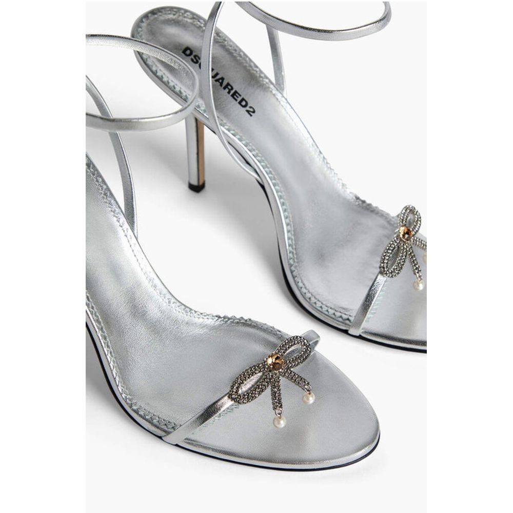 Metallic Effect Leather Sandals With Strap Heel 12 cm