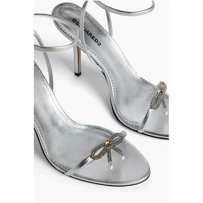Metallic Effect Leather Sandals With Strap Heel 12 cm