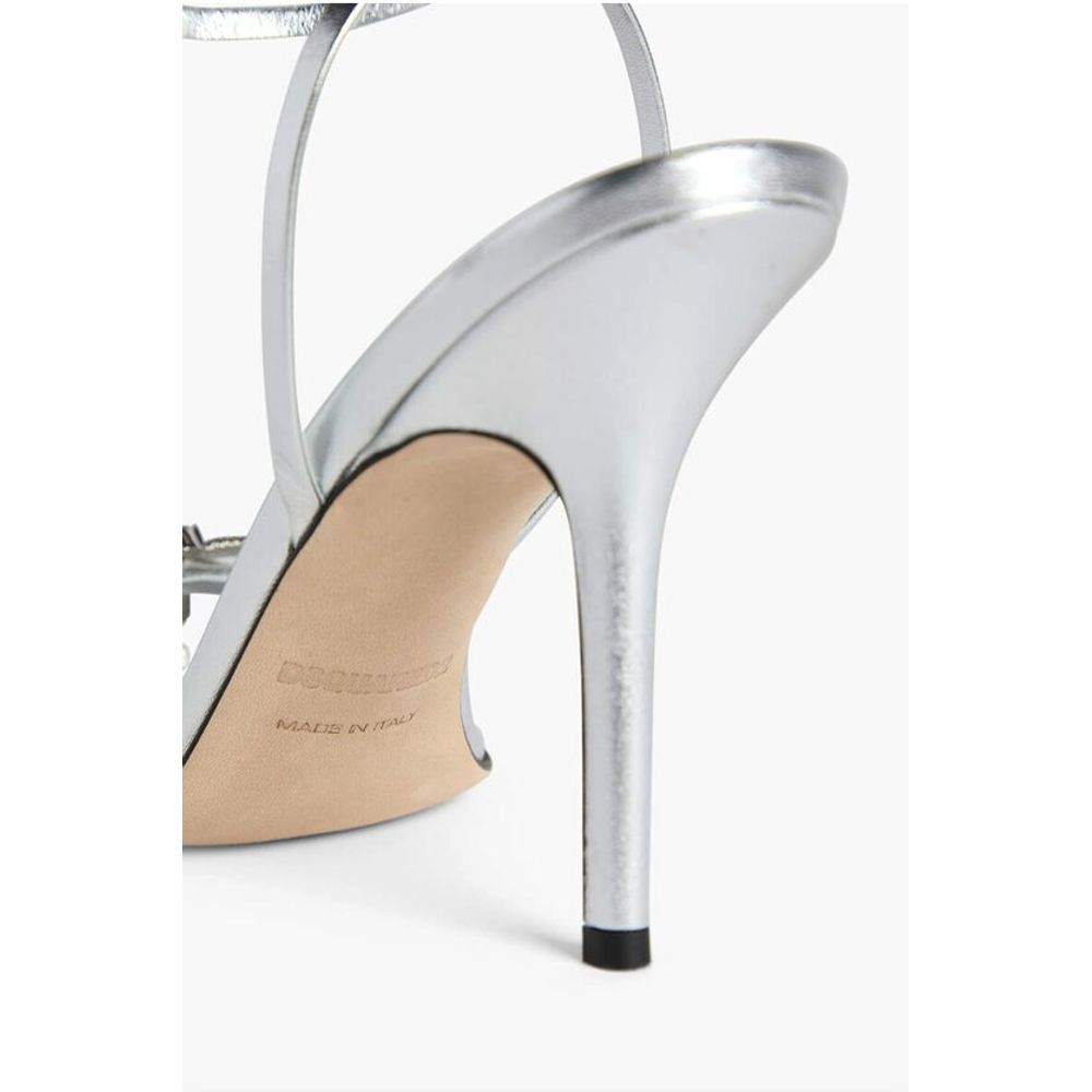 Metallic Effect Leather Sandals With Strap Heel 12 cm