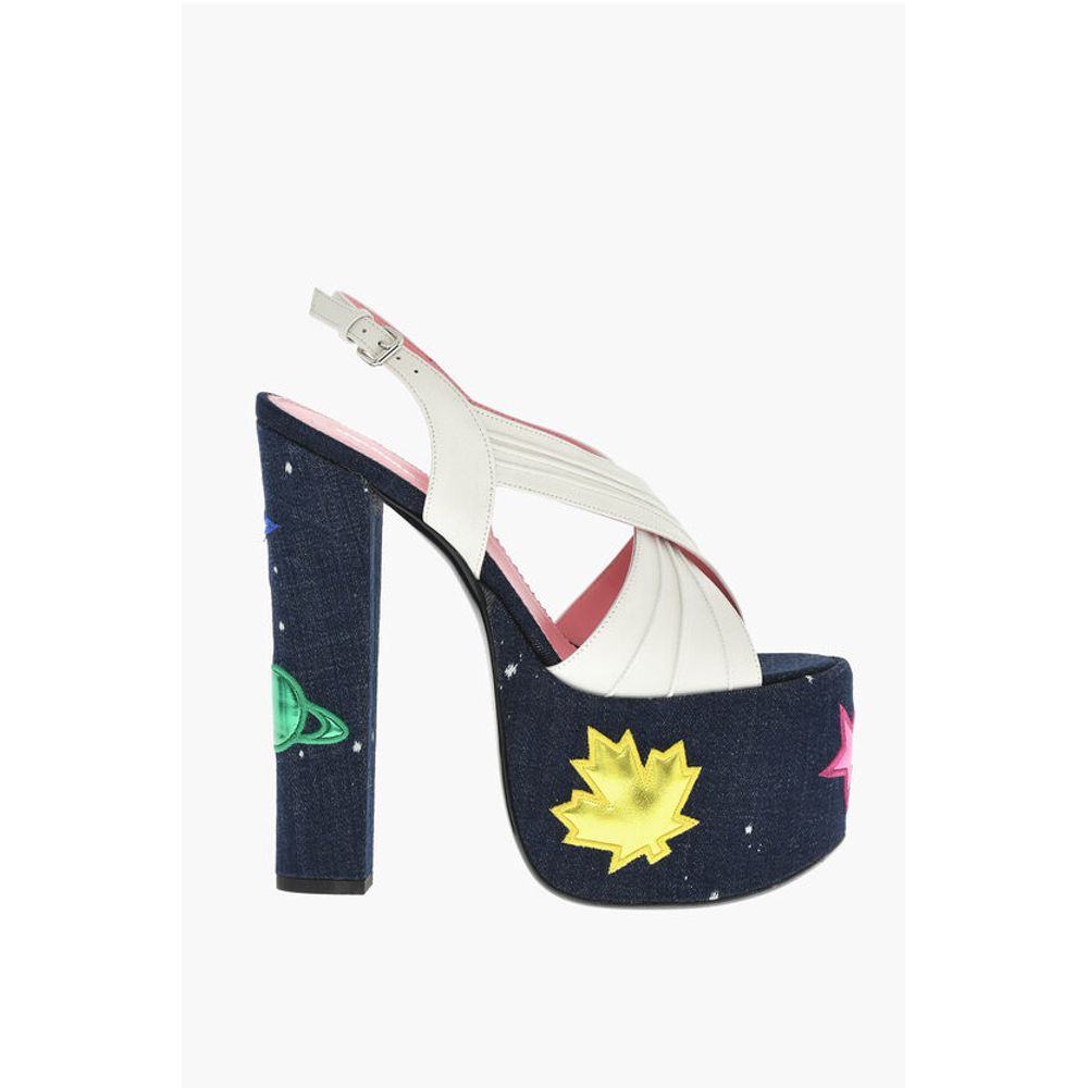 Leather EVENING Denim Lined Sandals With Patches Heel 17 cm