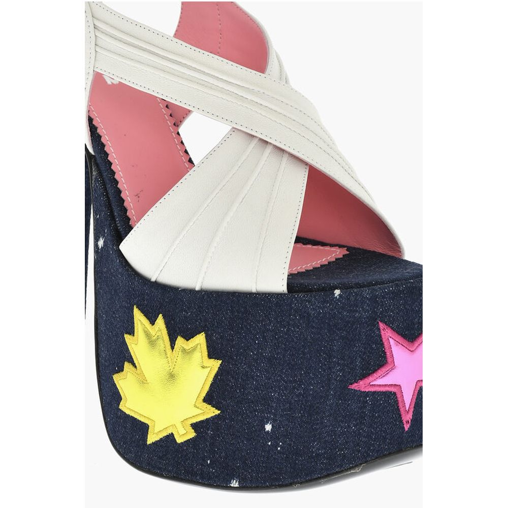 Leather EVENING Denim Lined Sandals With Patches Heel 17 cm