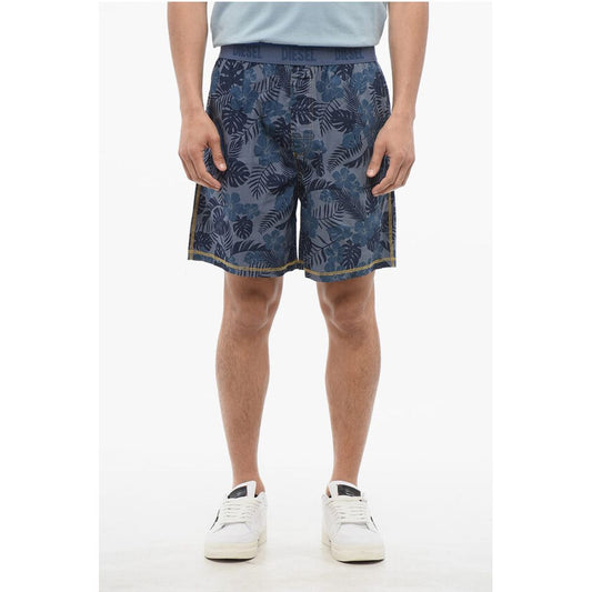 Plant Motif Lightweight Cotton Shorts with Logoed Elastic Ba