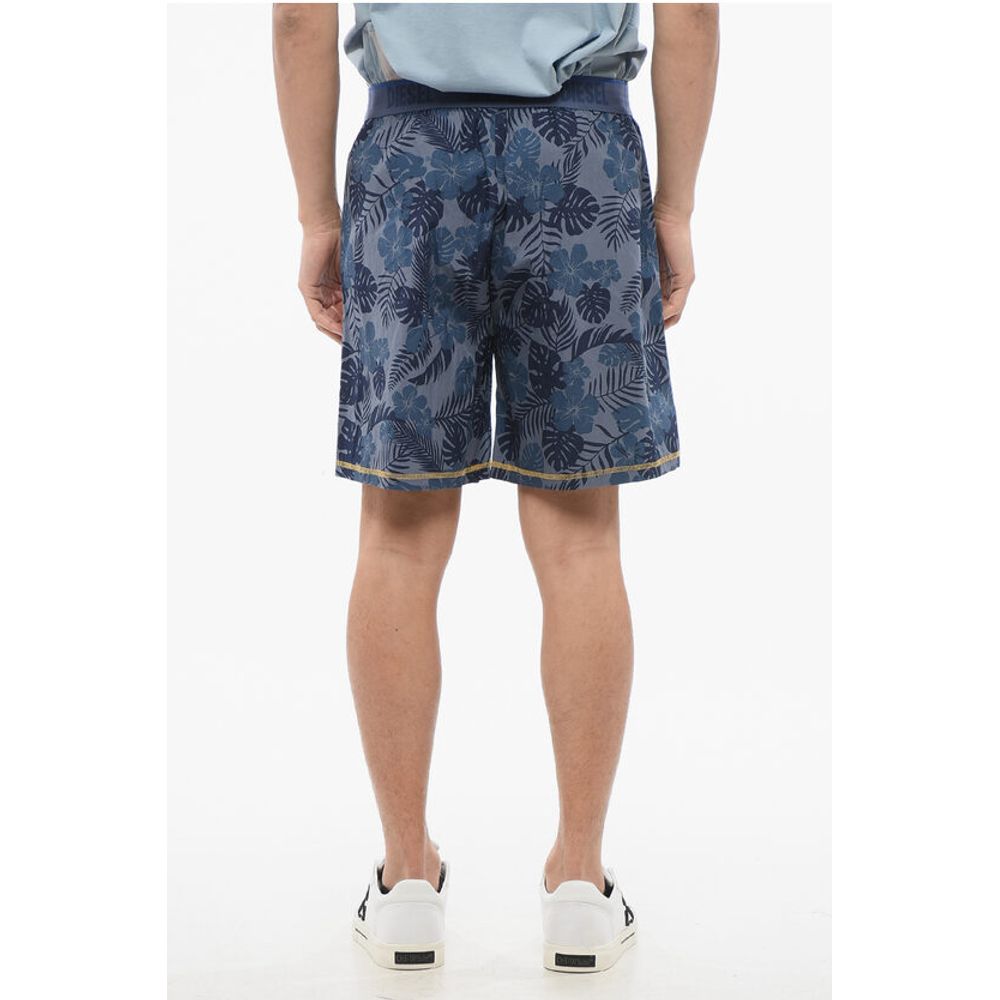 Plant Motif Lightweight Cotton Shorts with Logoed Elastic Ba