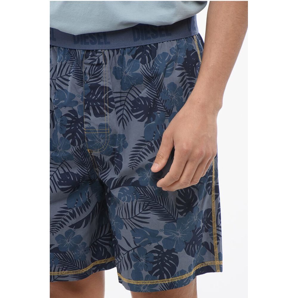 Plant Motif Lightweight Cotton Shorts with Logoed Elastic Ba