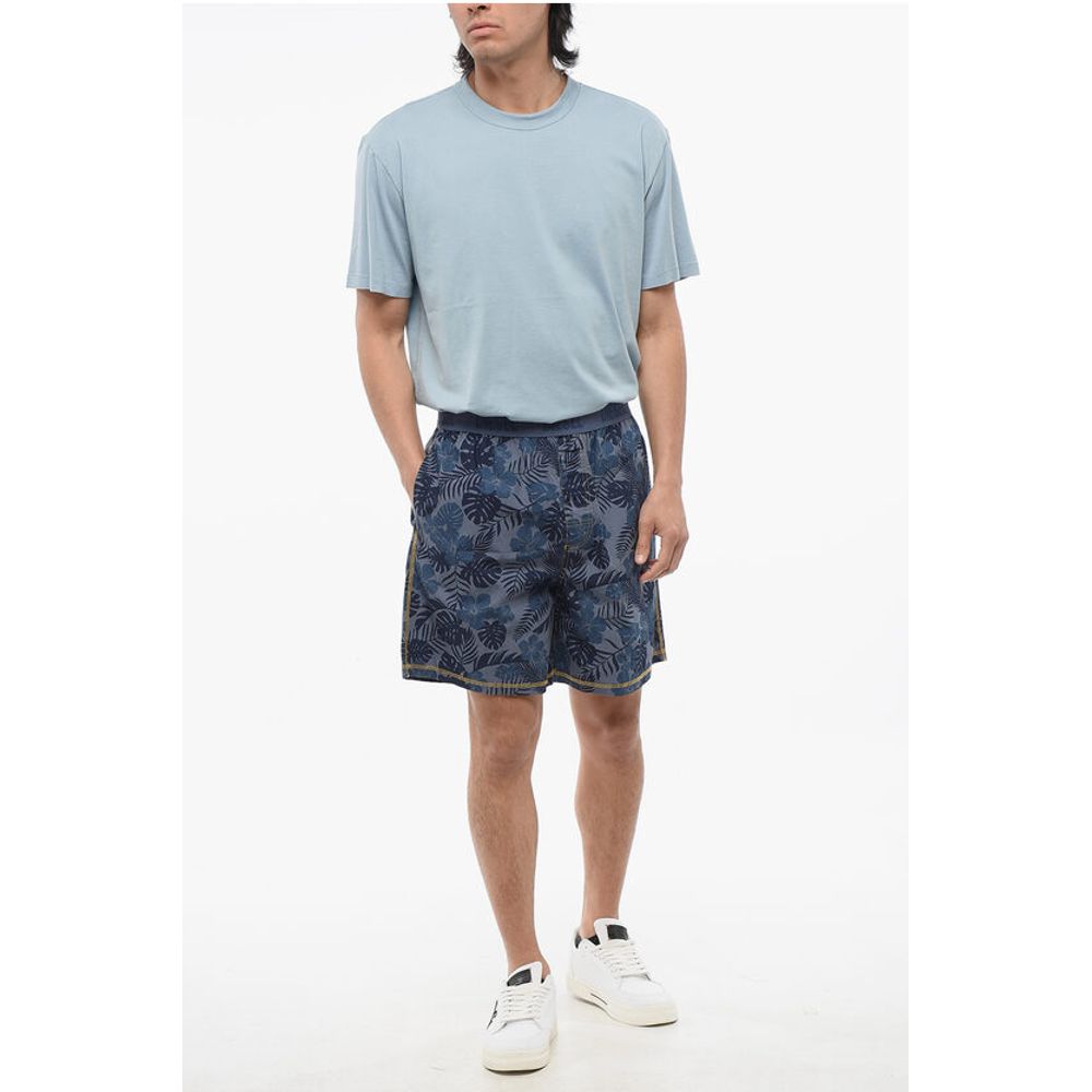 Plant Motif Lightweight Cotton Shorts with Logoed Elastic Ba