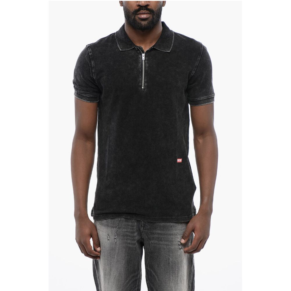 RED TAG Acid Wash Effect T-SMITH-ZIP Polo Shirt with Half Zi