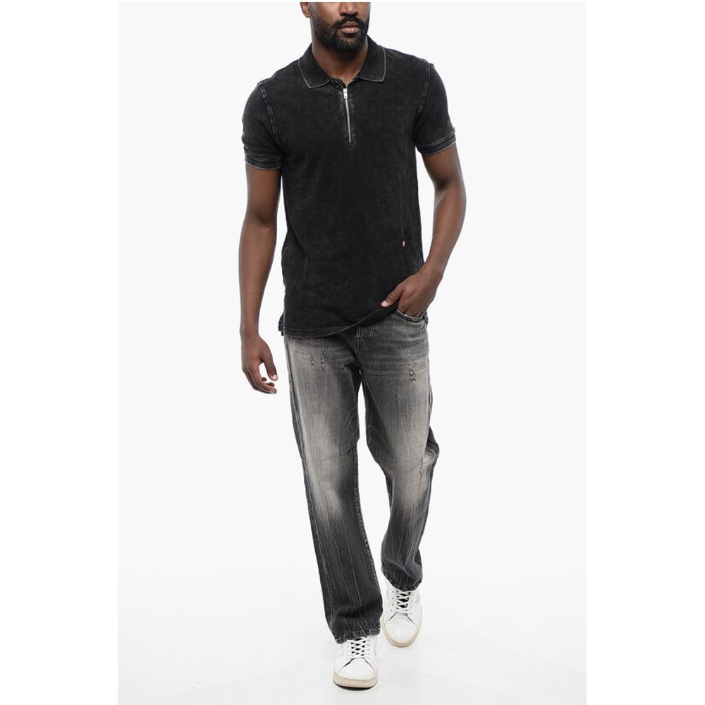 RED TAG Acid Wash Effect T-SMITH-ZIP Polo Shirt with Half Zi