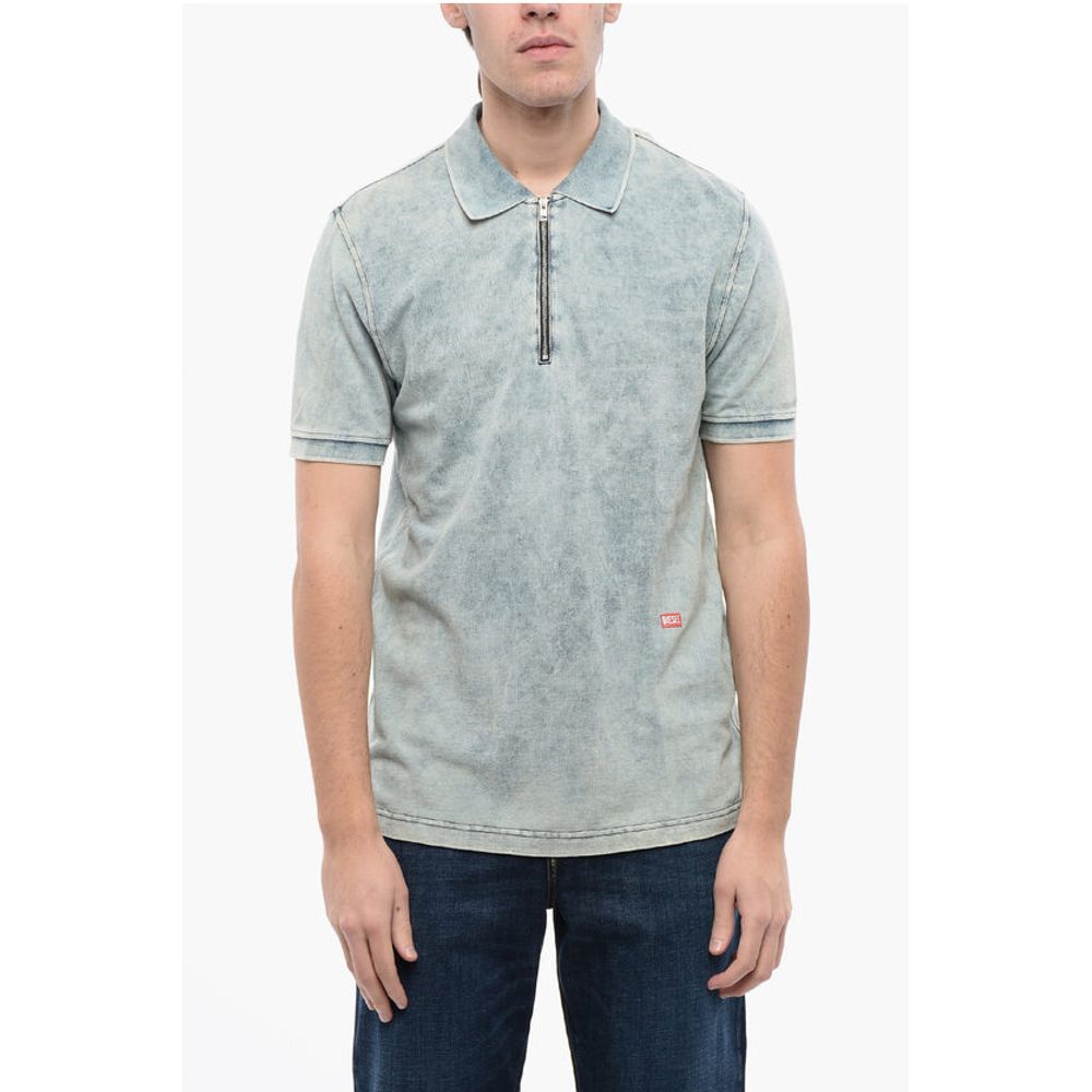 RED TAG Acid Wash Effect T-SMITH-ZIP Polo Shirt with Half Zi