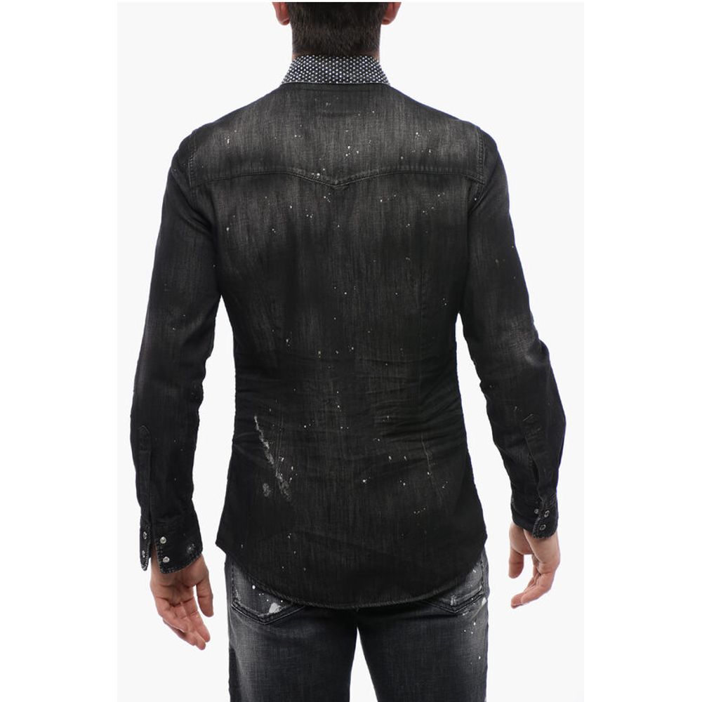 Distressed Denim Shirt with Rhinestones