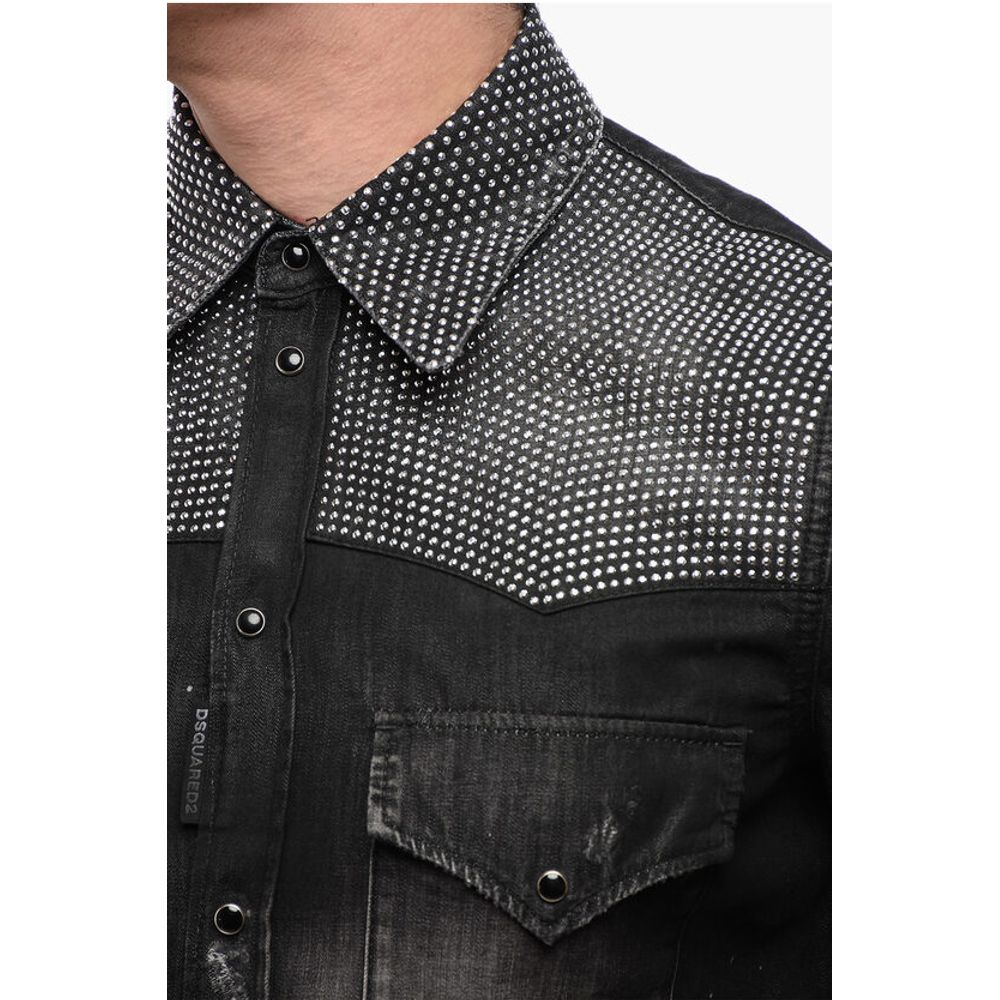 Distressed Denim Shirt with Rhinestones