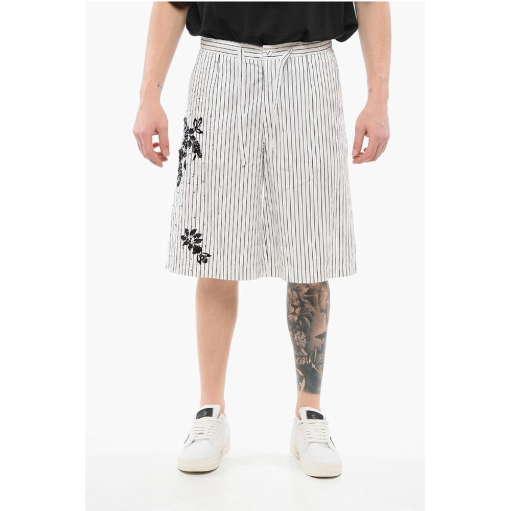 Pinstriped Cotton Shorts with Sequined Embroideries