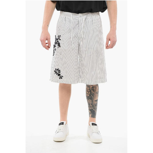 Pinstriped Cotton Shorts with Sequined Embroideries