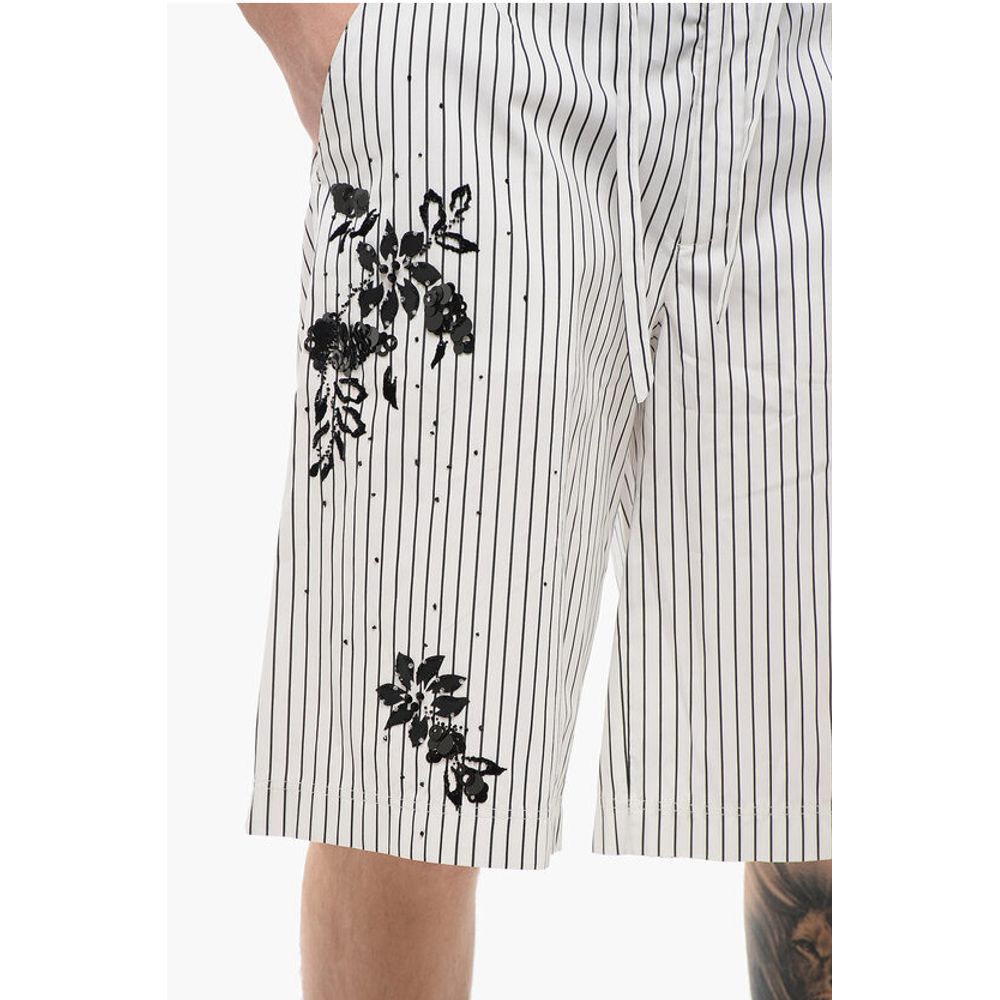 Pinstriped Cotton Shorts with Sequined Embroideries