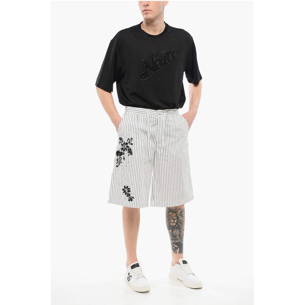 Pinstriped Cotton Shorts with Sequined Embroideries