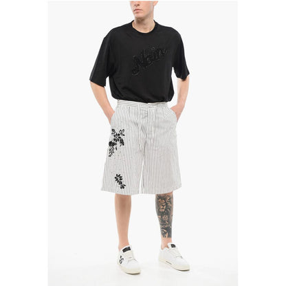 Pinstriped Cotton Shorts with Sequined Embroideries