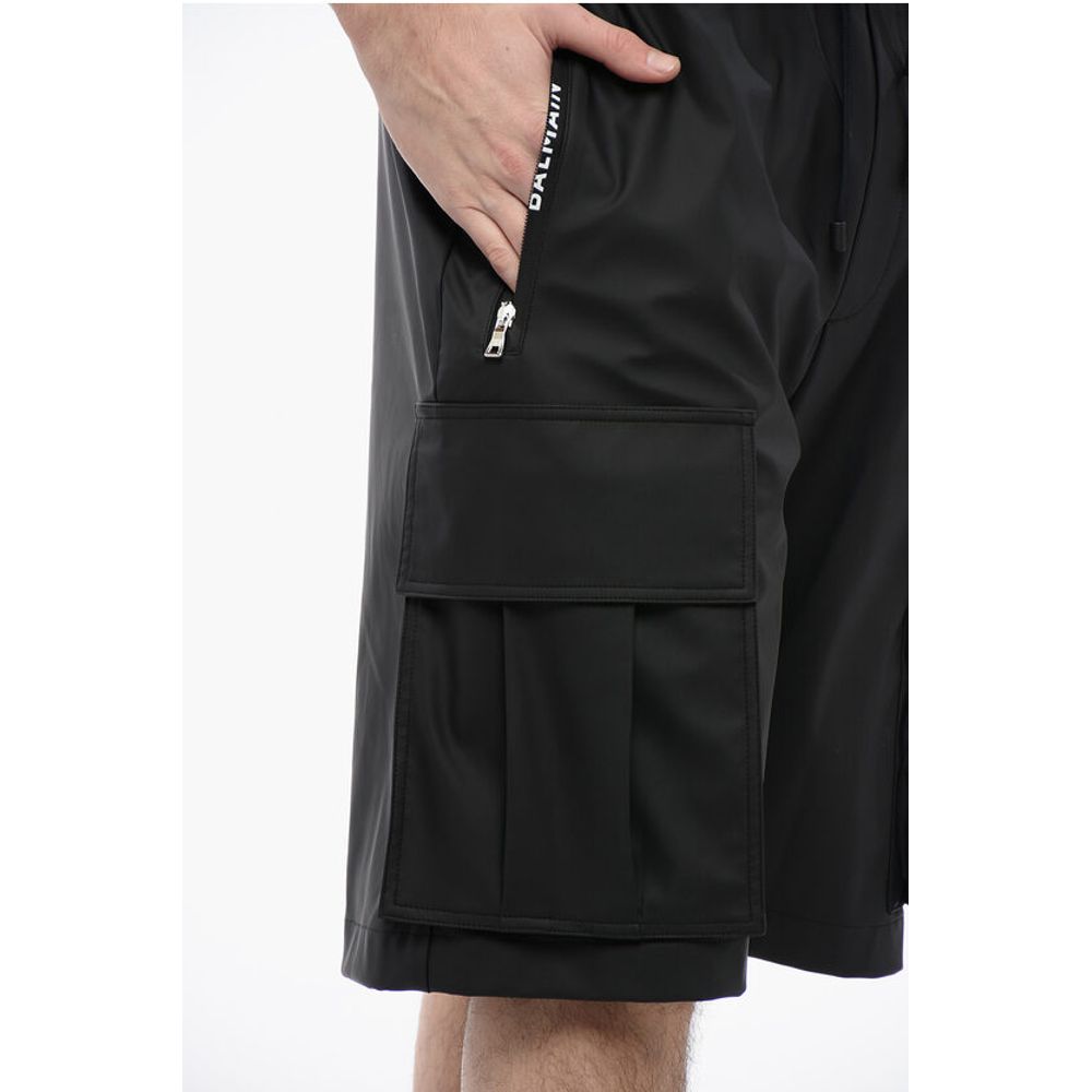 Eco-leather Cargo Shorts with Elastic Waistband