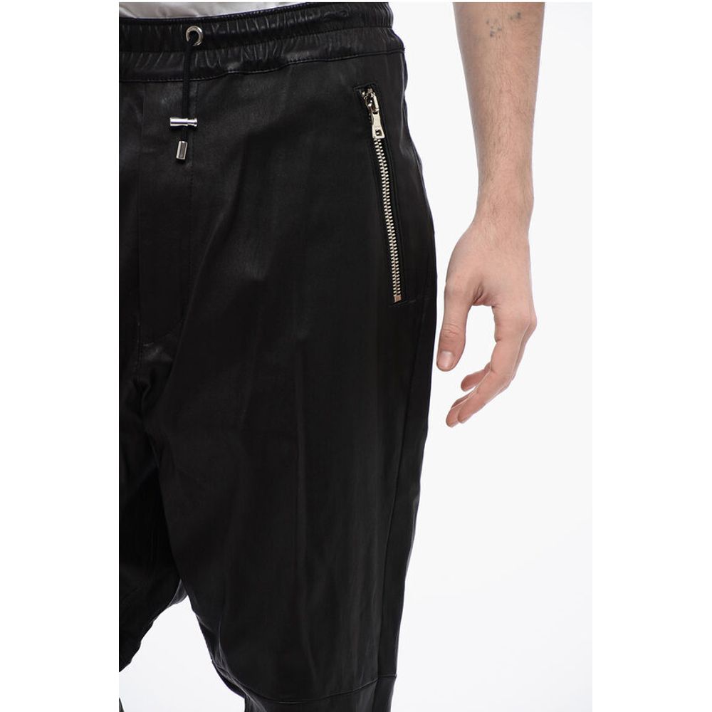 Low-Crotch Leather Pants with Cuffs