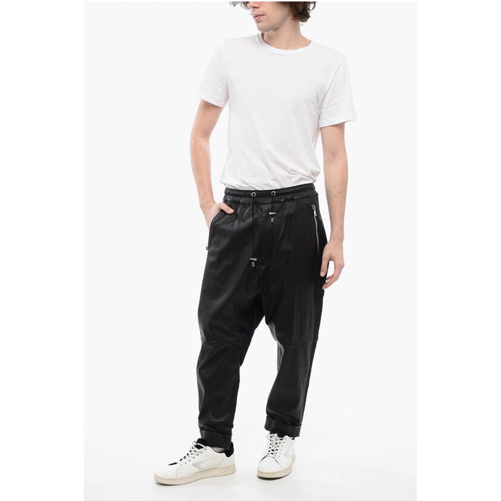 Low-Crotch Leather Pants with Cuffs