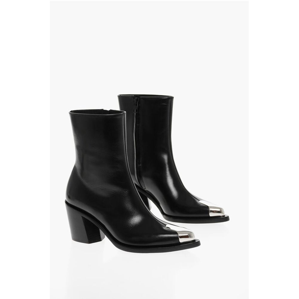 Side Zip Leather Booties with Point Metal Toe 7cm