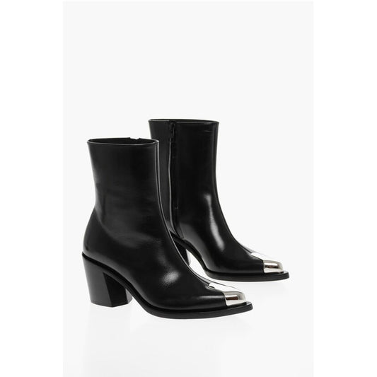 Side Zip Leather Booties with Point Metal Toe 7cm