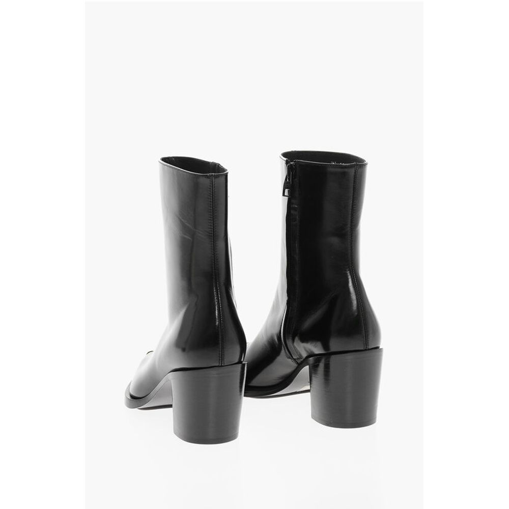 Side Zip Leather Booties with Point Metal Toe 7cm