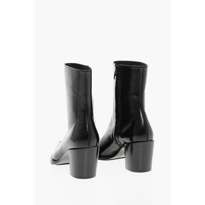 Side Zip Leather Booties with Point Metal Toe 7cm