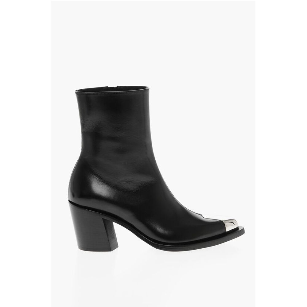 Side Zip Leather Booties with Point Metal Toe 7cm