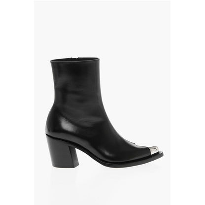 Side Zip Leather Booties with Point Metal Toe 7cm