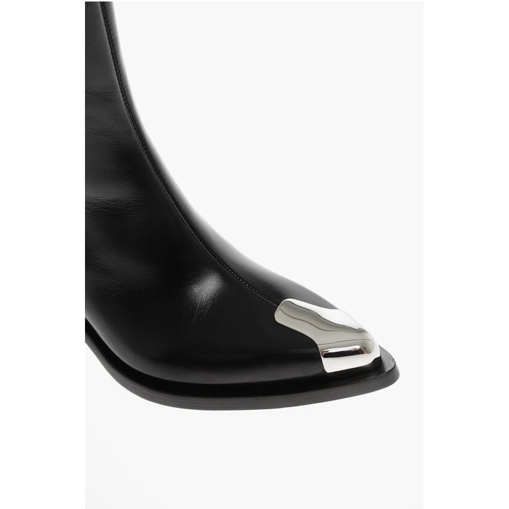 Side Zip Leather Booties with Point Metal Toe 7cm