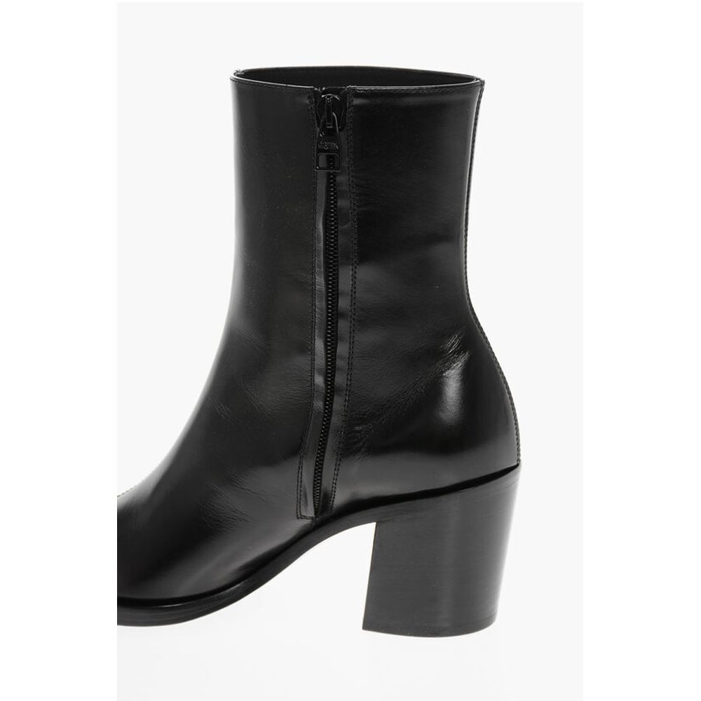 Side Zip Leather Booties with Point Metal Toe 7cm
