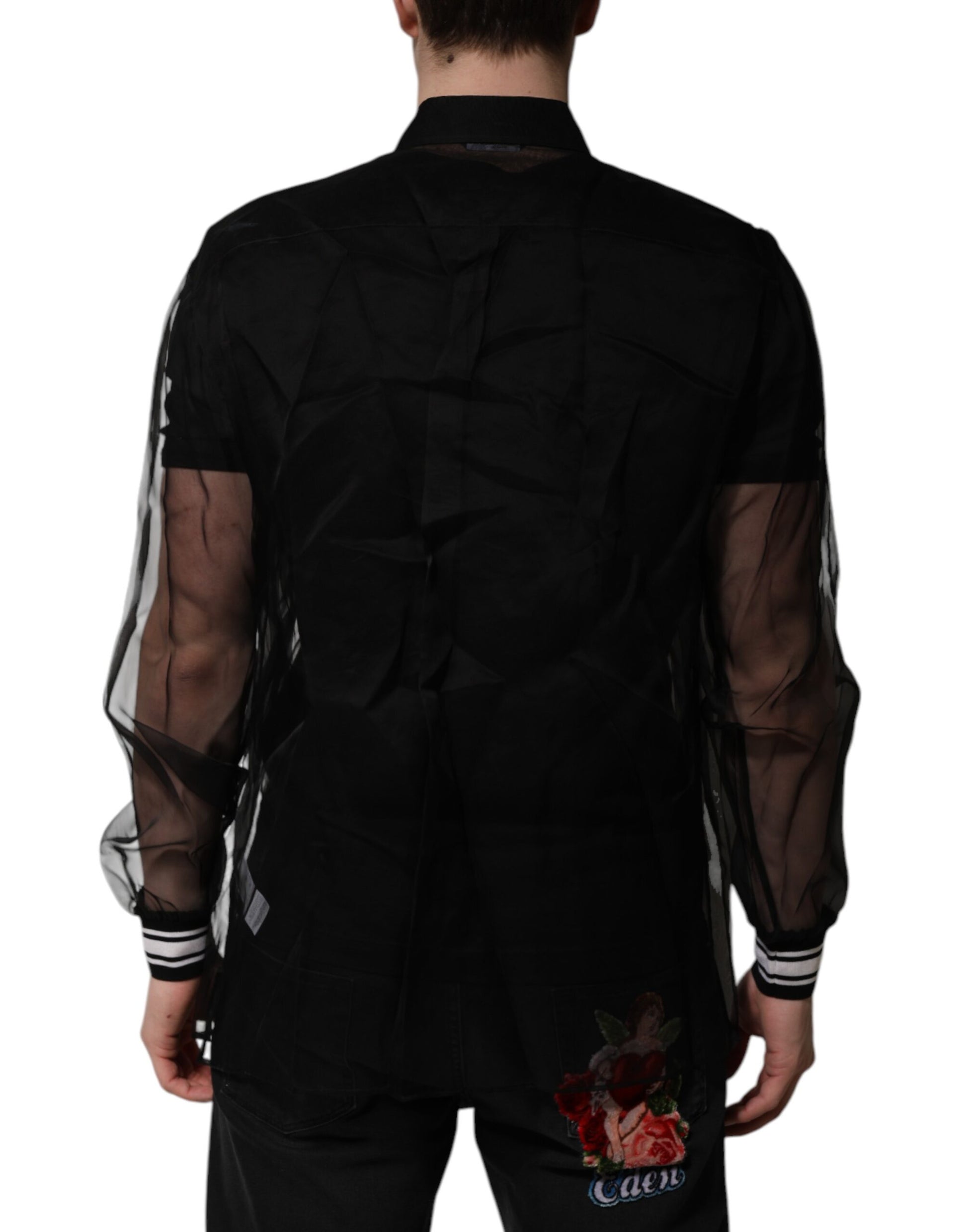 Black Silk Lace Long Sleeves Dress Shirt