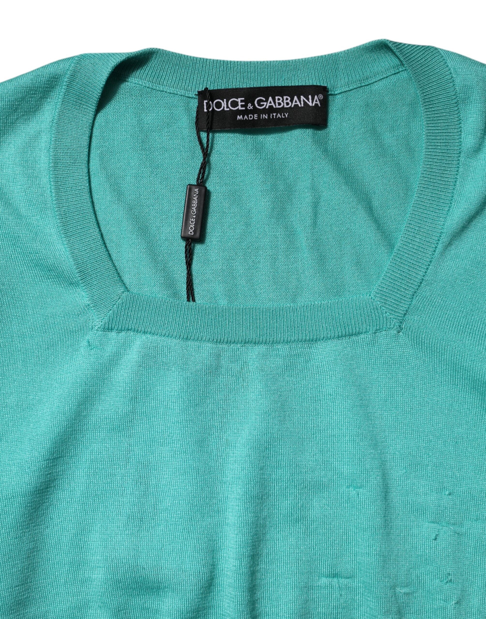 Aqua Blue Silk Short Sleeves Square Neck Top